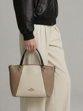 Coach C5881 Pebbled Leather Tote Beige Taupe Shoulder Bag Gold Hardware